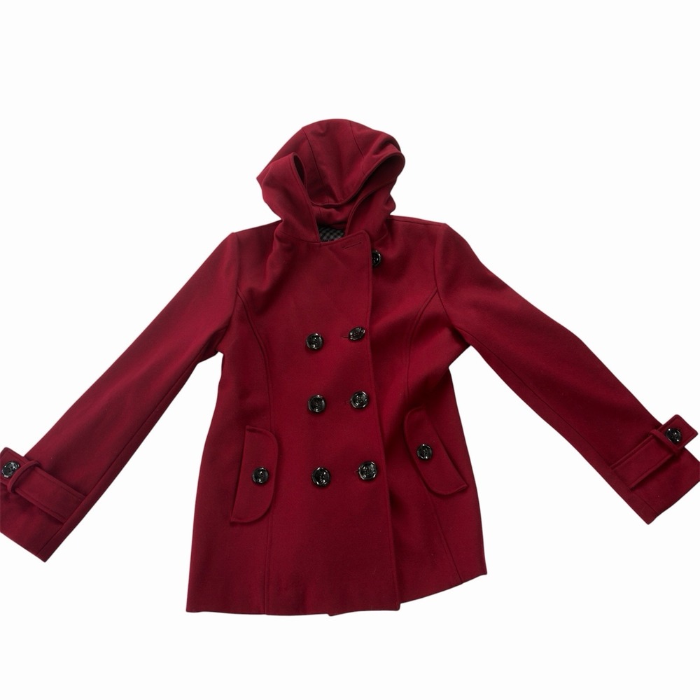 Steve Madden Red Hooded Peacoat Jacket Women Wool Blend Double Breasted Coat- L